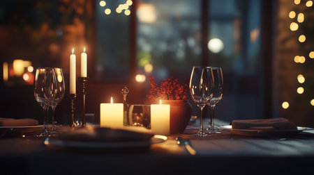 Elegant table setting for Christmas dinner in cozy restaurant with candles and festive lightsの写真素材