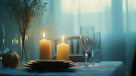 Beautiful table setting with burning candles on blurred background, closeupの写真素材