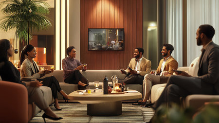 Group of business people sitting on sofa in hotel lobby and drinking wine