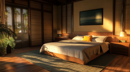 Interior of a hotel bedroom. 3D render. Interior design.の写真素材