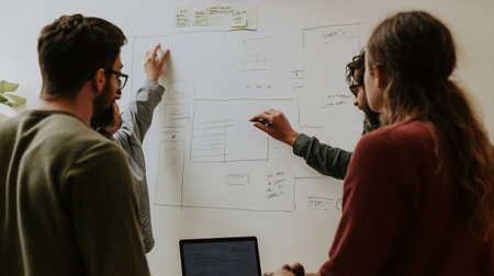 Group of business people brainstorming and discussing ideas on whiteboard.