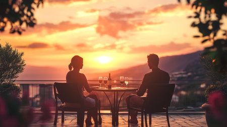 Silhouette of a man and woman sitting at a table with glasses of wine on the terrace of a restaurant at sunsetの写真素材