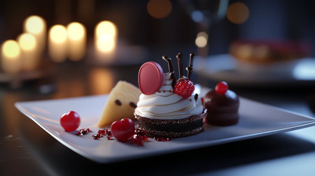 Delicious chocolate cake with berries on plate in cafe, closeupの写真素材