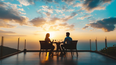 Man and woman sitting at table on terrace with beautiful sunset.の写真素材