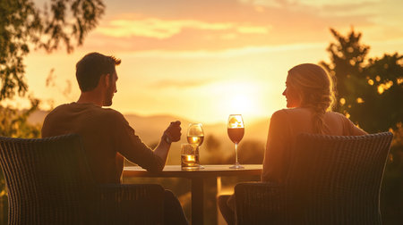 Young couple drinking wine at table in vineyard at sunset, back viewの写真素材