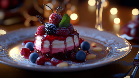 Panna cotta with raspberry, blueberry and chocolate sauce.