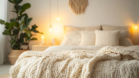 Blurred background of cozy knitted blanket on bed in bedroom interior