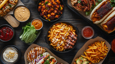 Top view of various fast food dishes served on wooden table, flat lay