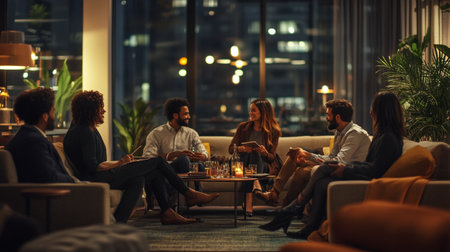 Group of young business people having a meeting in a night club.の写真素材