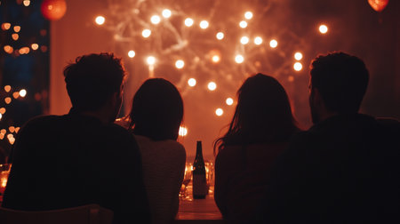 Group of friends sitting at the table and looking at the fireworks.の写真素材