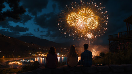 Silhouette of young couple watching fireworks in the night sky.の写真素材