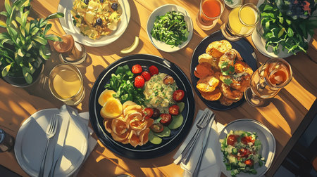 Aerial view of healthy breakfast with fruit and vegetables on wooden table