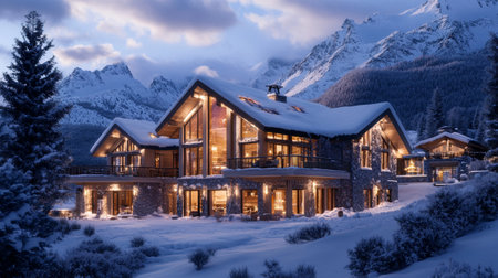 Panorama of modern cozy chalet in mountains at dusk. Massive timber beams columns. Massive timber...