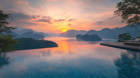 Swimming pool in luxury hotel resort with view of ocean and sunsetの写真素材