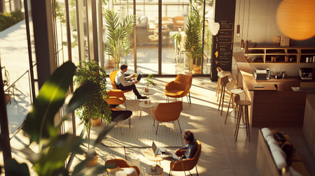 Coffee break. Top view of young man using digital tablet while sitting in cafeの写真素材