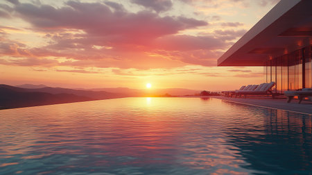 Swimming pool with beautiful sunset in the background. 3d rendering