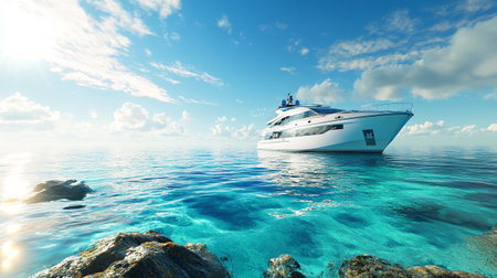 Luxury yacht in blue sea. 3d render illustration.の写真素材