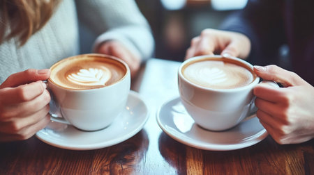Close up of two female hands holding cups of coffee in cafe.の写真素材