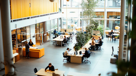 Group of business people working and communicating together in the modern office.