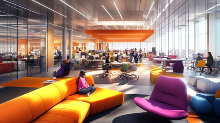Modern office interior with people sitting on orange sofas. 3d rendering