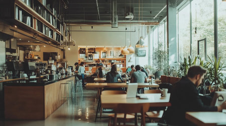 Coffee shop interior with people sitting in a row in cafe