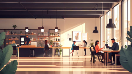 Coffee shop interior with people working in cafe. 3d renderingの写真素材