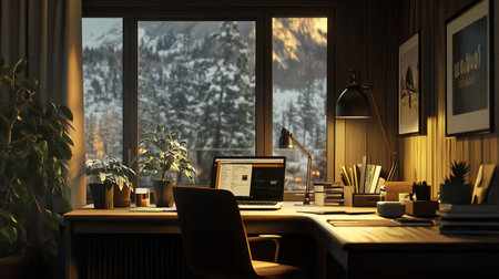 Workplace with computer on wooden table near window at night. 3D rendering.の写真素材