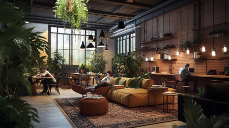 Interior of a coffee shop with a lot of plants and furniture