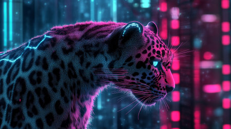 Leopard in neon lights. 3D rendering. Neon lights.の写真素材