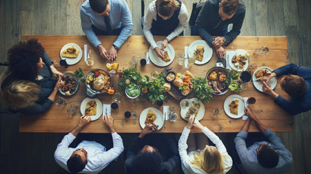 Top view of group of people having dinner together while sitting at wooden table