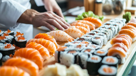 Close up of sushi and rolls in a japanese restaurant.の写真素材