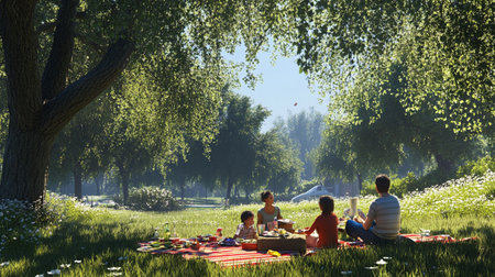 Family Picnic Togetherness Relaxation Leisure Happiness Concept Copy Spaceの写真素材