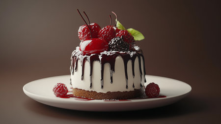 Chocolate cake with raspberries and cherries on a white plate