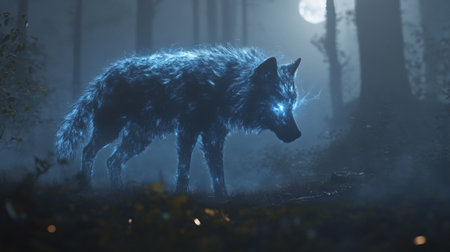 Wolf in the forest at night with a full moon in the background