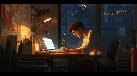 Young man working at night on a computer in a coffee shop.