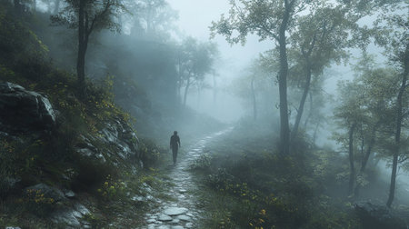 Silhouette of a man walking in a foggy forest.