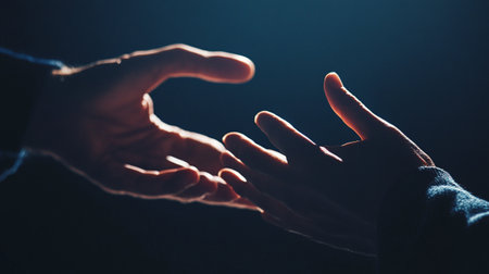 Close up of male hands reaching out to each other on dark backgroundの写真素材