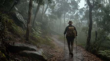 Hiking man with backpack walking on forest trail in foggy morning
