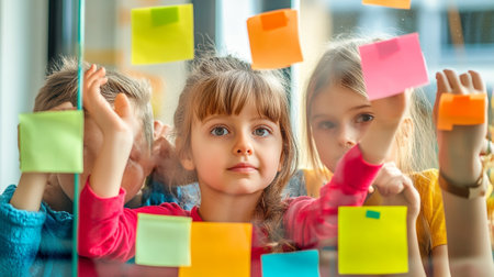 group of kids with sticky notes on glass wall and looking at camera