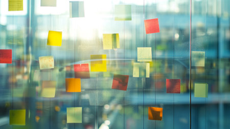 Blurred background of office glass wall with colorful sticky notes and stickersの写真素材