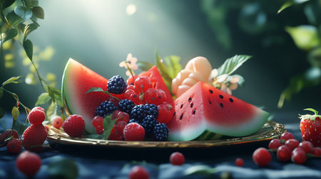 Fruit platter with watermelon, blackberry, raspberry and red currant on dark background