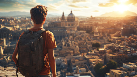 A young man with a backpack stands on the background of a panoramic view of Rome, Italy.の写真素材
