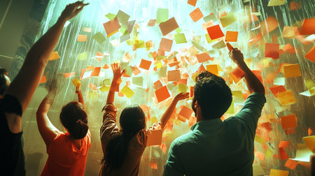 Group of happy young people celebrating success with paper notes flying in the air