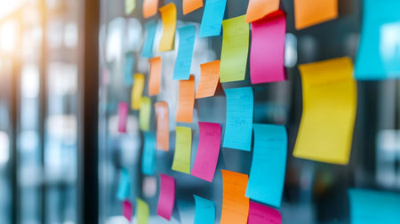 Sticky notes on glass wall in office,selective focus.