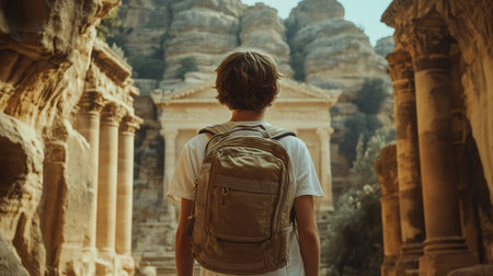 Young man with backpack in the ancient city of Petra, Jordan.の写真素材