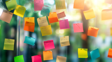 Sticky notes on glass wall with blur background and bokeh.の写真素材
