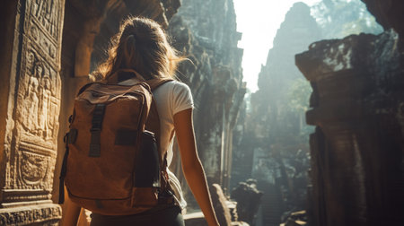 Back view of a young woman with a backpack looking at the ruins of Angkor Wat.の写真素材