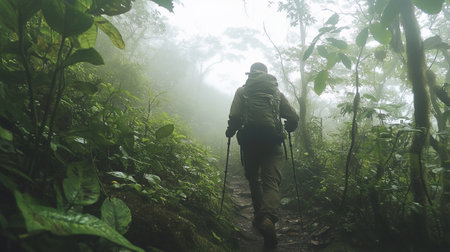 Hiking man with backpack hiking in tropical forest at foggy morning