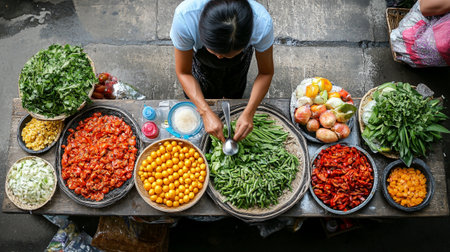 Top view of Asian woman selling fresh vegetables in the street market.のeditorial素材