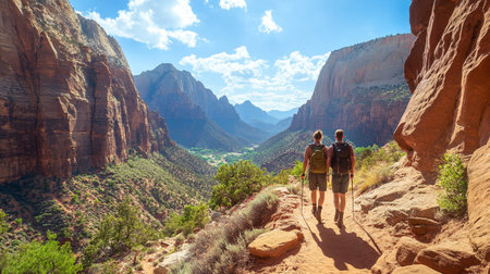 Hikers in Zion National Park, Utah, USA. Hiking is the most popular recreation activity in the world.の写真素材